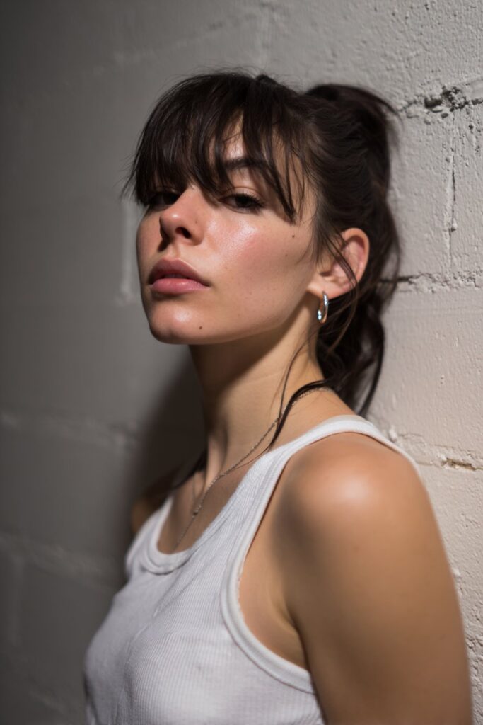 American female model with side-swept pixie cut, longer fringe over eye, minimal makeup, edgy casual outfit, plaster wall.