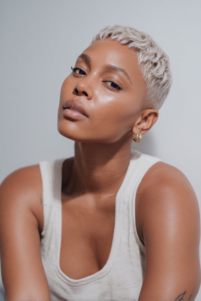 Modern portrait of Black American woman with silver blonde pixie cut, cool-toned waves, high-contrast styling against white backdrop.