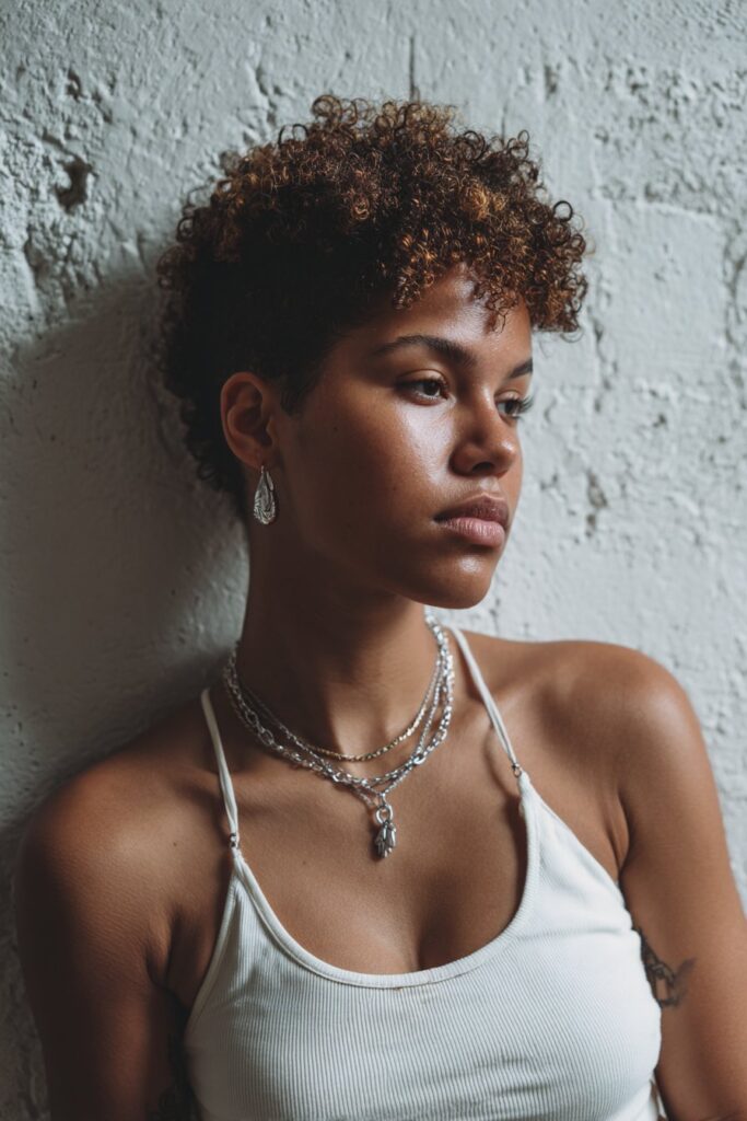 American woman with short curly pixie cut, confident concert style, silver jewelry, minimalistic outfit on plaster.
