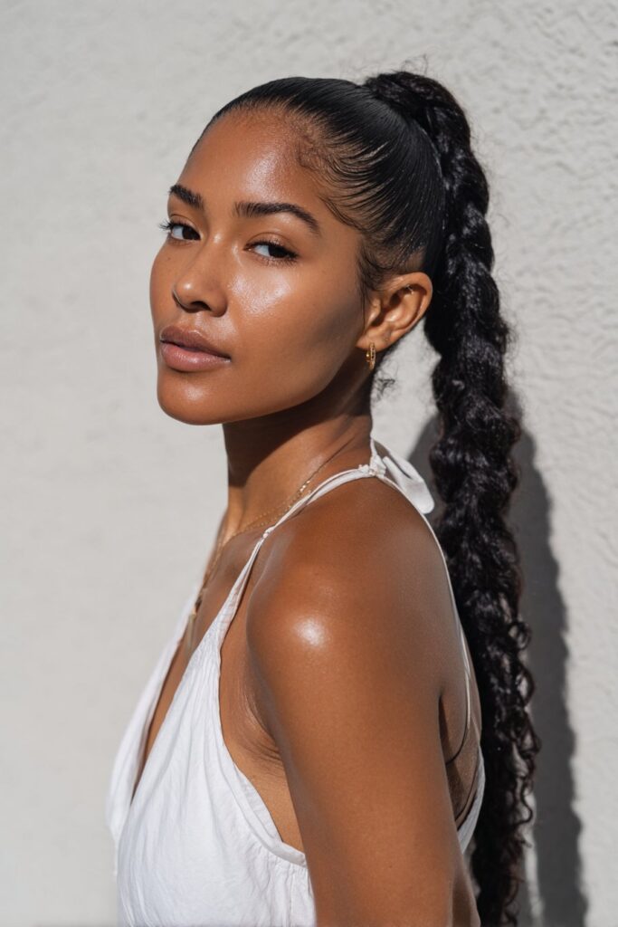 Elegant portrait of American model with sleek high braided ponytail and polished makeup against seamless white studio background.