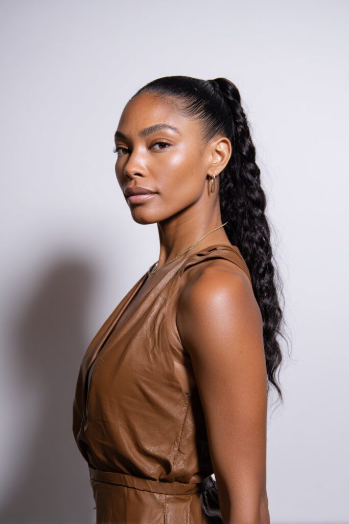 Elegant Instagram portrait of American Black woman with sleek high ponytail fishtail braid against seamless white backdrop.