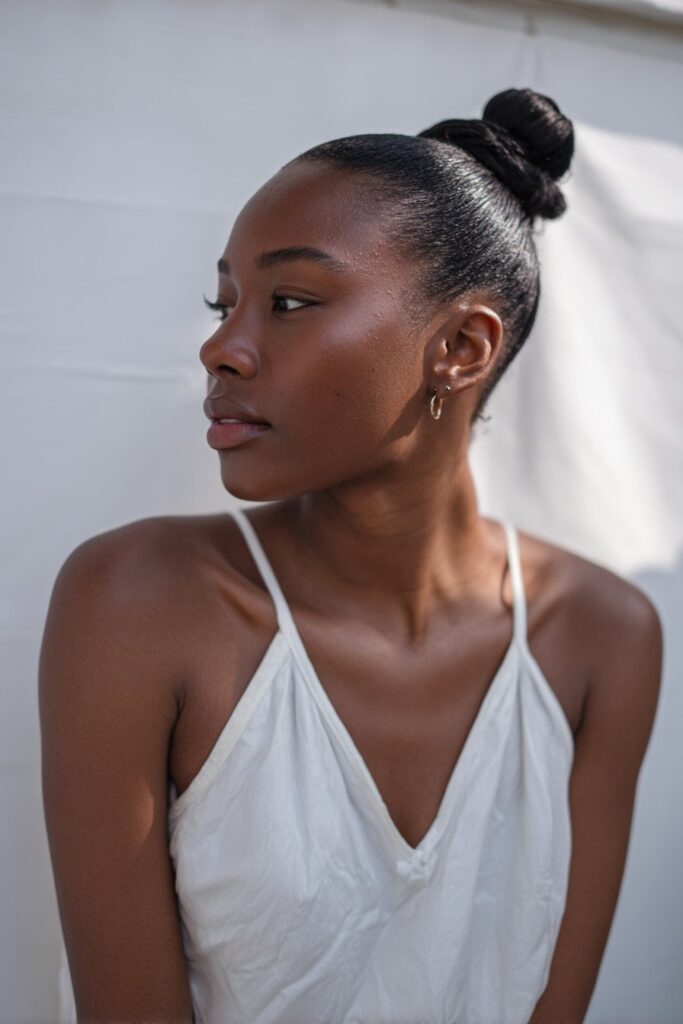 Elegant portrait of Black woman with short 4c hair in sleek low bun, laid edges against white backdrop.