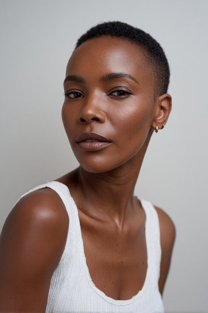 American woman with 4C hair styled in sleek polished pixie cut, subtle glow, neutral-toned top, clean refined portrait.