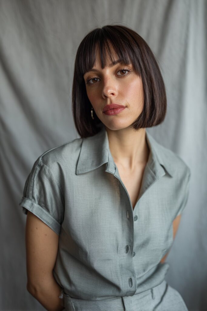 American woman with sleek short shag haircut and straight bangs, polished style, modern outfit against soft gray fabric.