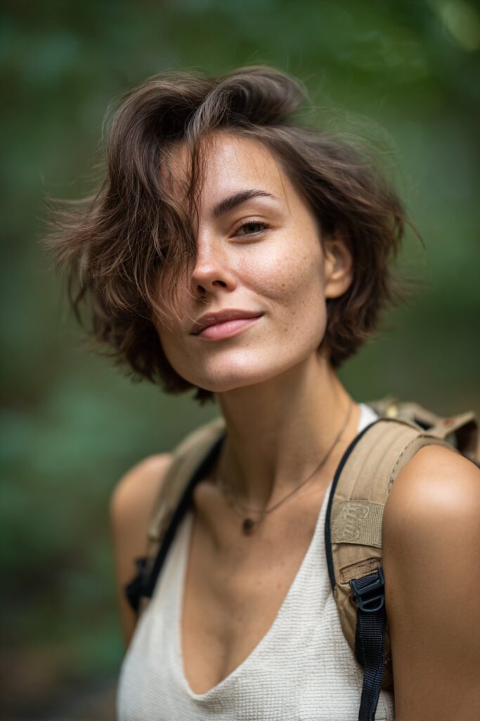 American model with messy textured butterfly haircut, tousled volume, casual outfit, subtle smile against natural forest.