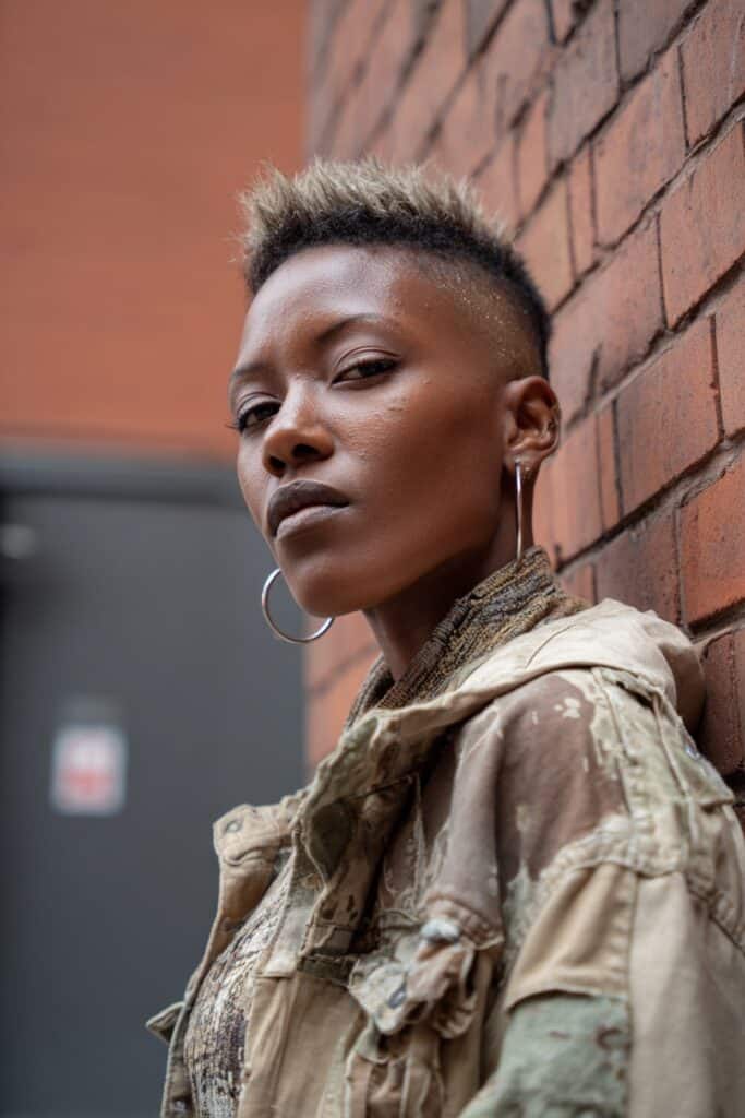 Bold portrait of confident Black woman with spiky pixie cut, dark roots, streetwear style against brick wall background.