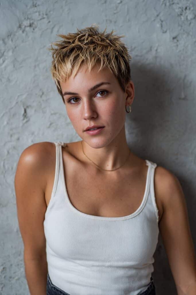 American model with blonde-tipped short spiky pixie cut showing expressive eyes and natural makeup against plaster backdrop.