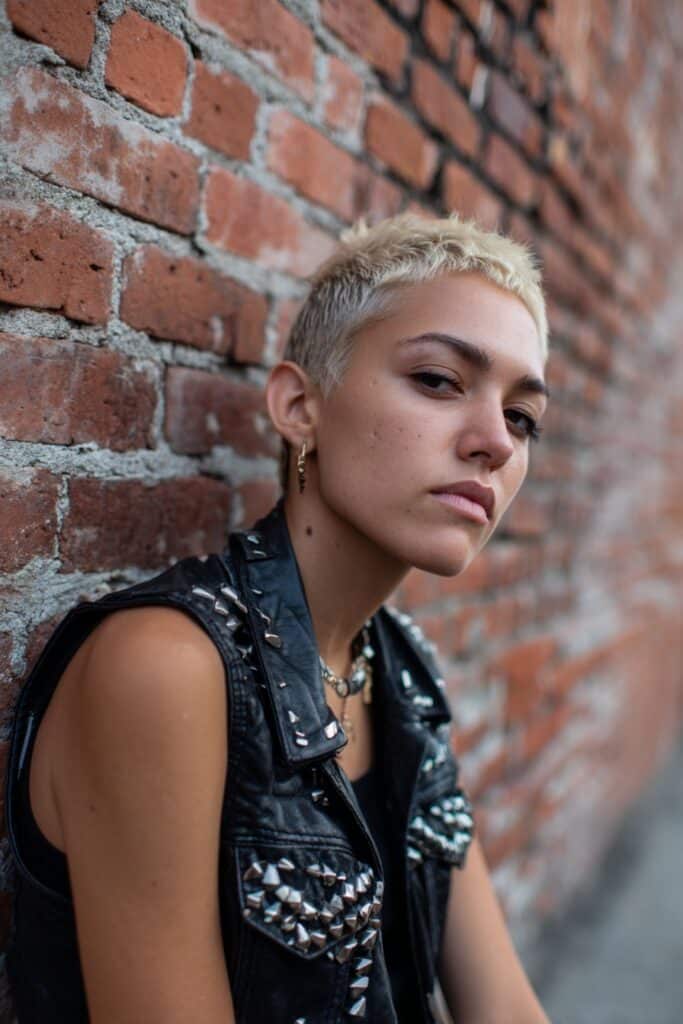 Edgy American model with razor-cut layered spiky pixie hairstyle wearing leather vest against urban brick wall.