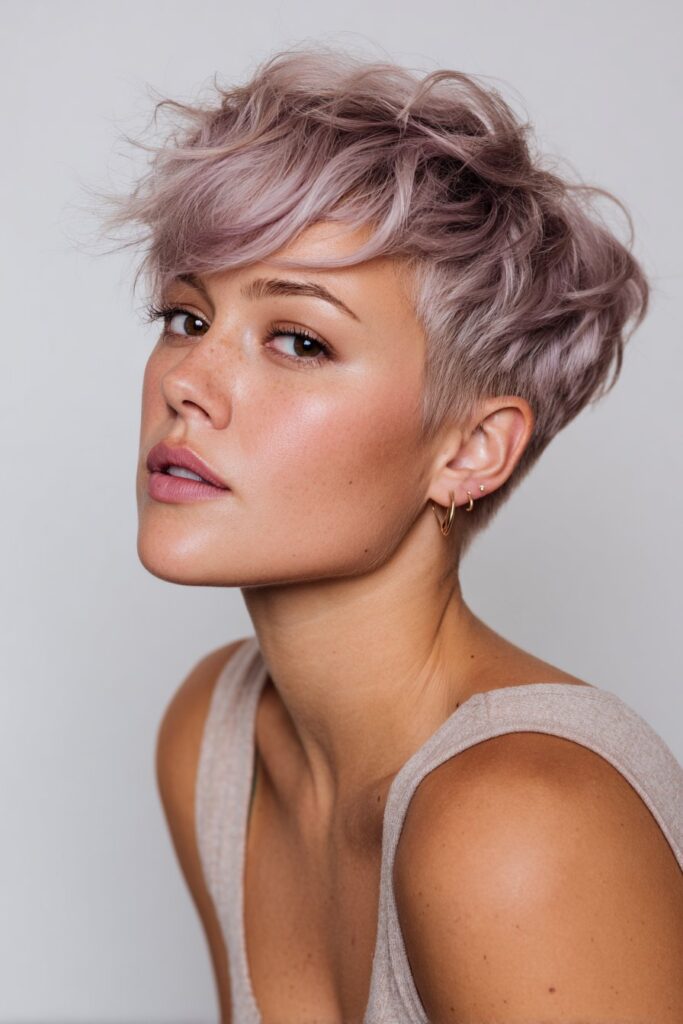 American woman with spiky metallic silver pixie cut, sharp texture, defined cheekbones, bold eyeliner against urban brick.