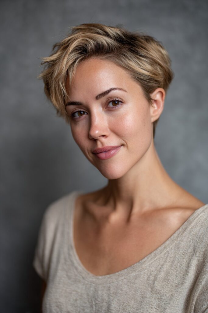 Volume-focused portrait of American woman with fine hair stacked pixie, lightweight layers against gray fabric backdrop.