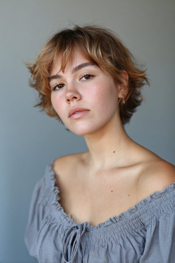 Soft portrait of American model with delicate stacked pixie, wispy layers, dewy skin against gray fabric background.