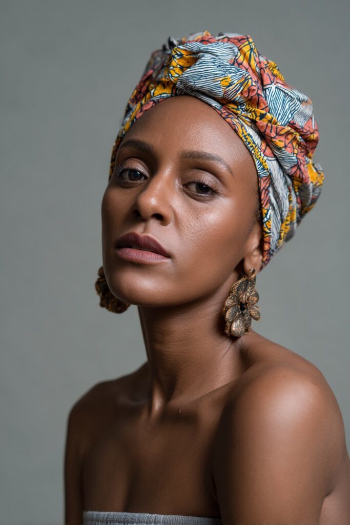 American woman wearing bold printed head wrap, empowering concert vibe, large earrings against gray fabric backdrop.