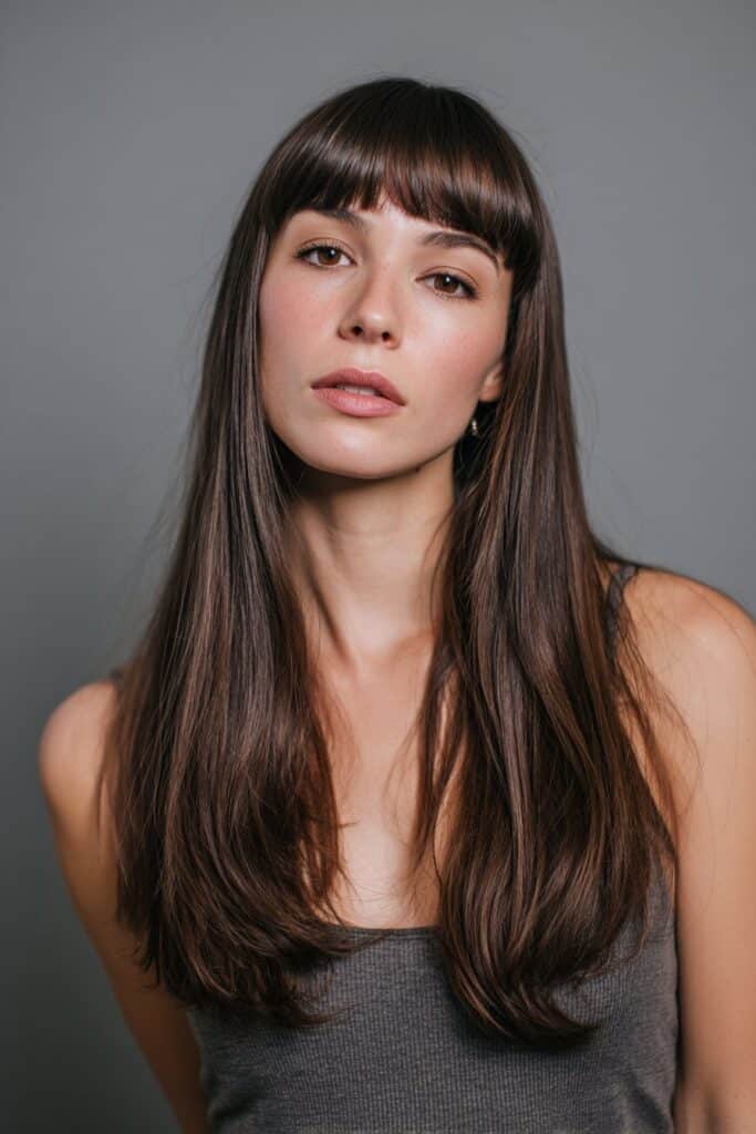 American woman with sleek long butterfly haircut, light bangs, face-framing layers, natural brown color, gray backdrop.