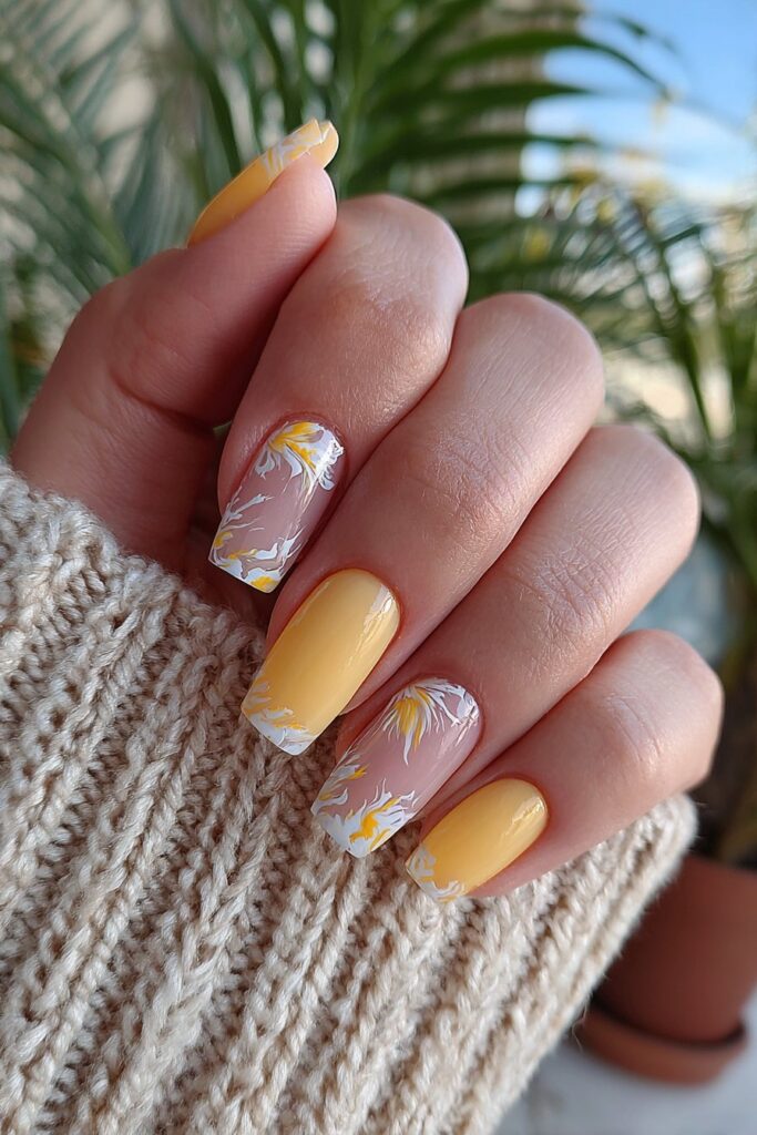 Dynamic orange French tips with white swirl patterns creating energetic fresh summer nail design with vibrant color combinations.