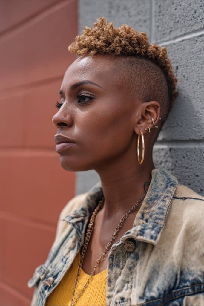 Bold portrait of Black woman with tapered pixie cut, defined 4c curls on top against urban brick wall.
