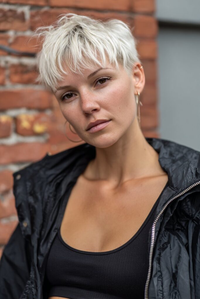 American woman with tapered short shag haircut and feathered fringe bangs, soft makeup, casual top on white backdrop.