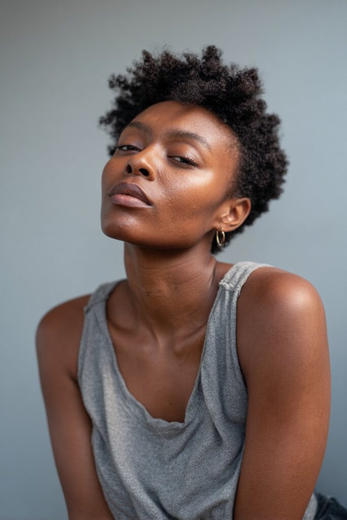 Natural portrait of Black American woman with short 4c teeny weeny afro, clean edges against gray fabric backdrop.