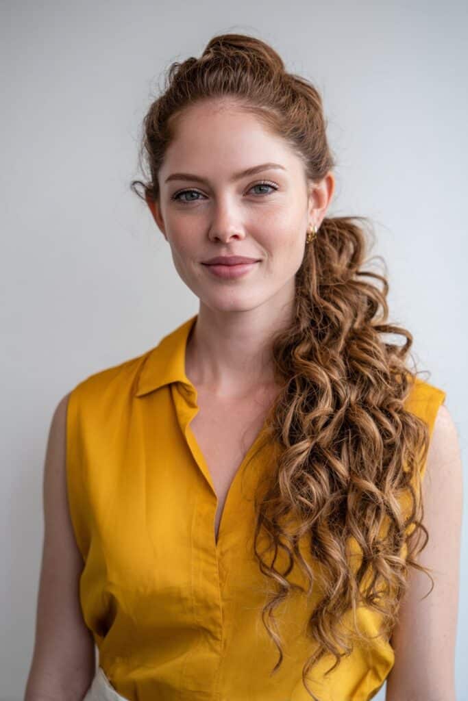 Professional portrait of American woman with textured bubble ponytail hairstyle wearing casual outfit against clean white studio backdrop.
