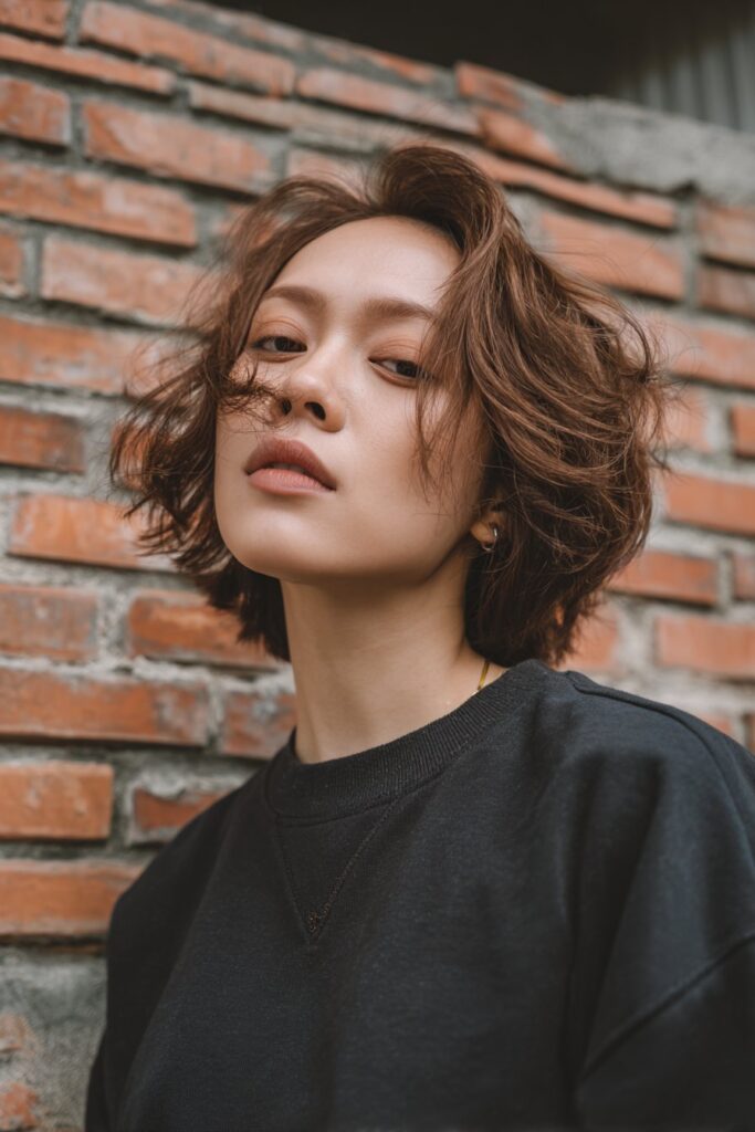 Portrait of American woman with round face and textured butterfly haircut in streetwear against brick wall.