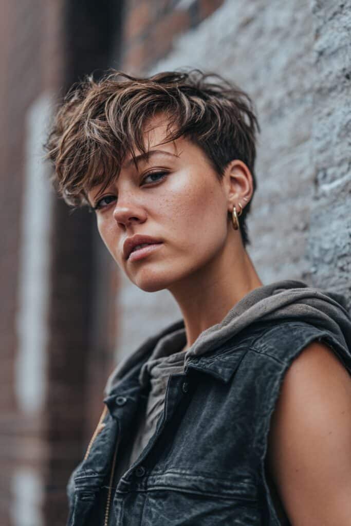 American female model with textured pixie cut hair wearing cool streetwear, confident edgy expression against urban brick wall.