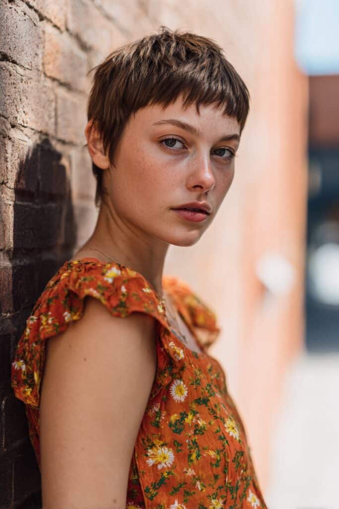 American woman with short textured pixie shag haircut and micro bangs, soft makeup, trendy outfit against urban brick wall.
