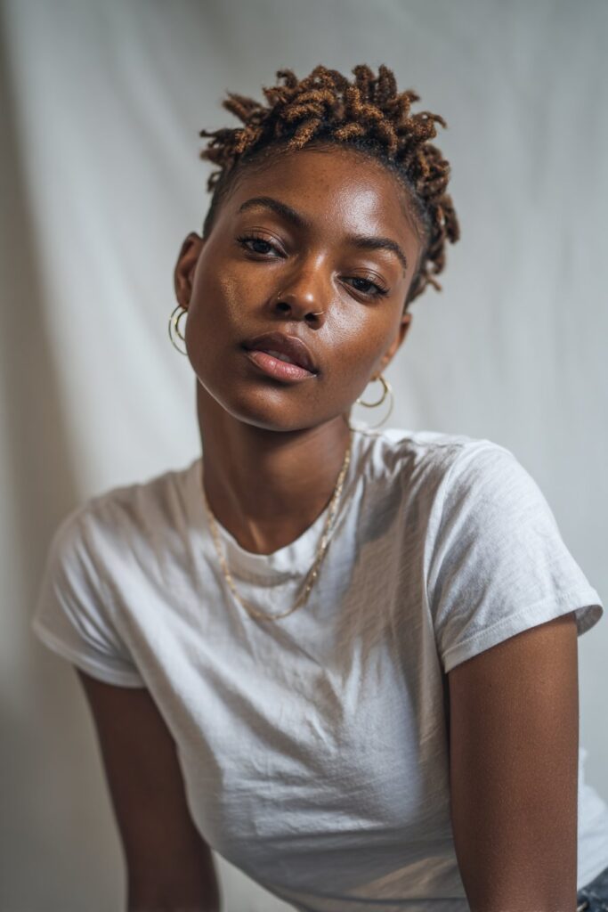 Glowing portrait of American woman with textured stacked pixie, golden highlights, minimal jewelry on white backdrop.