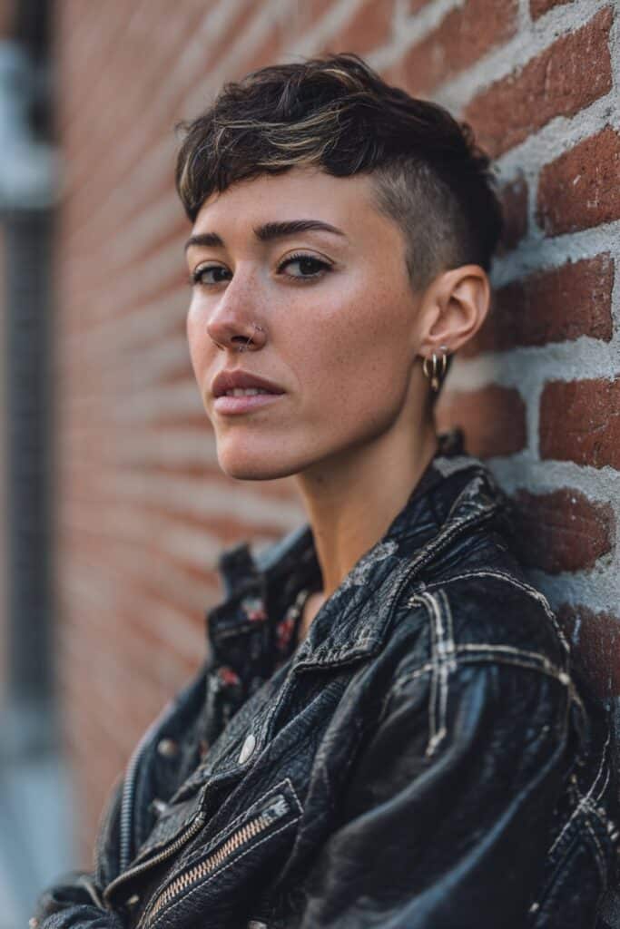 Edgy American woman with textured pixie haircut, shaved sides, bold highlights, streetwear style against urban brick wall background.