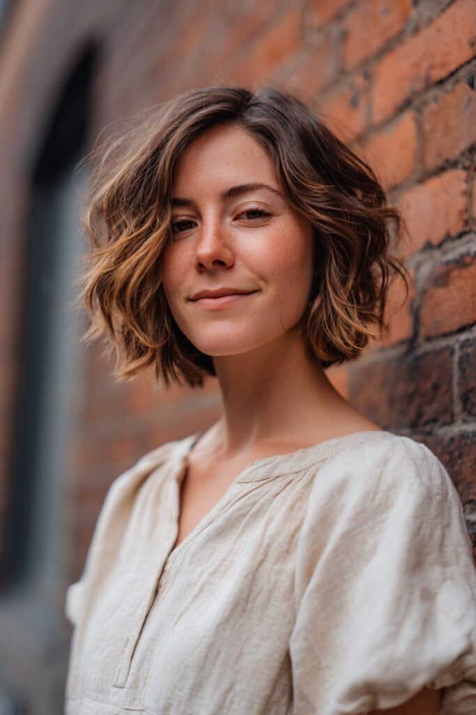 American woman with textured butterfly haircut, natural highlights, candid smile, neutral outfit against urban brick wall backdrop.