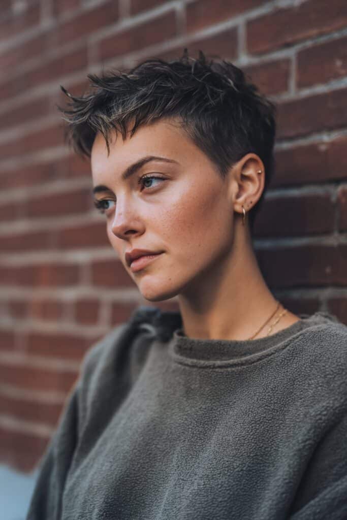 American model with textured short spiky pixie cut and side bangs posing naturally against urban brick wall.