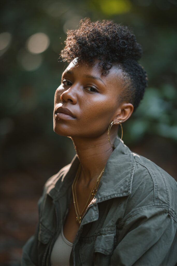 Black woman with tapered afro haircut, fluffy curls on top, clean fade, casual outfit, natural forest backdrop.