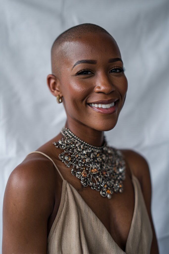 Bold Black woman with bald head, glowing skin, radiant smile, statement necklace, confident pose against seamless white backdrop.