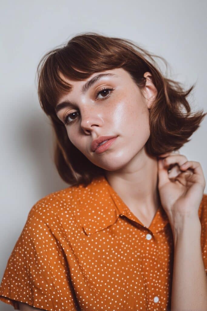 American woman with Beatles-inspired mop top haircut in vintage mod outfit, playful pose against clean white background.