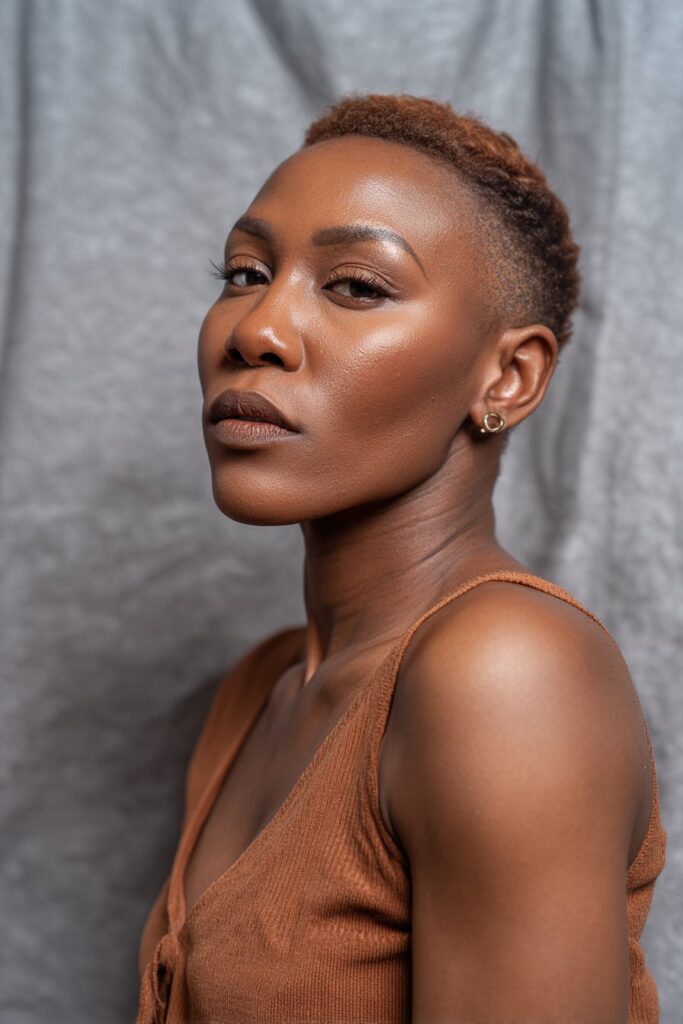 Confident Black woman with classic pixie cut, sleek sides, soft volume on top, subtle makeup, trendy outfit, gray backdrop.