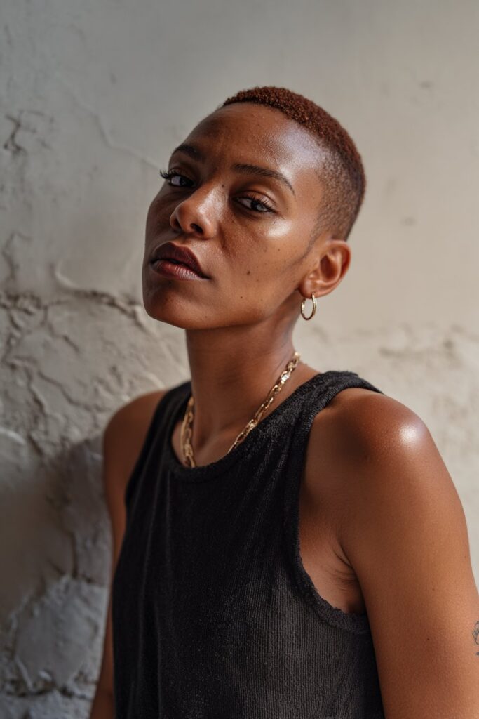 Black woman with close-cropped haircut in bold burgundy or platinum color, confident gaze, minimalist jewelry, textured plaster.