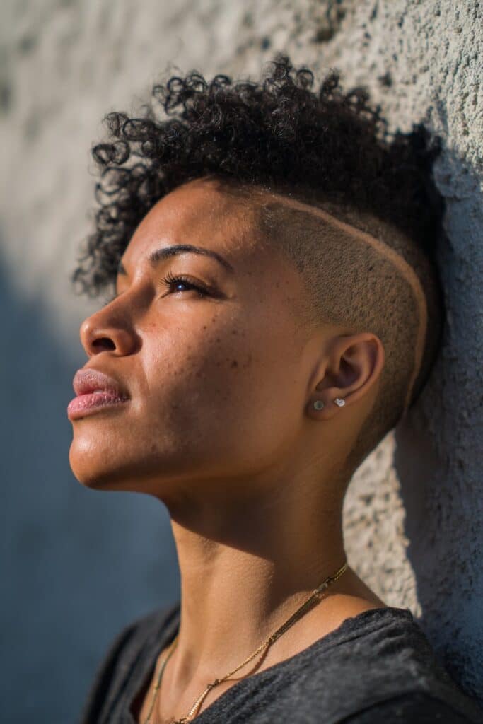 Black woman with curly top hairstyle, creative shaved side designs, vibrant expression, bold fashion, textured plaster backdrop.