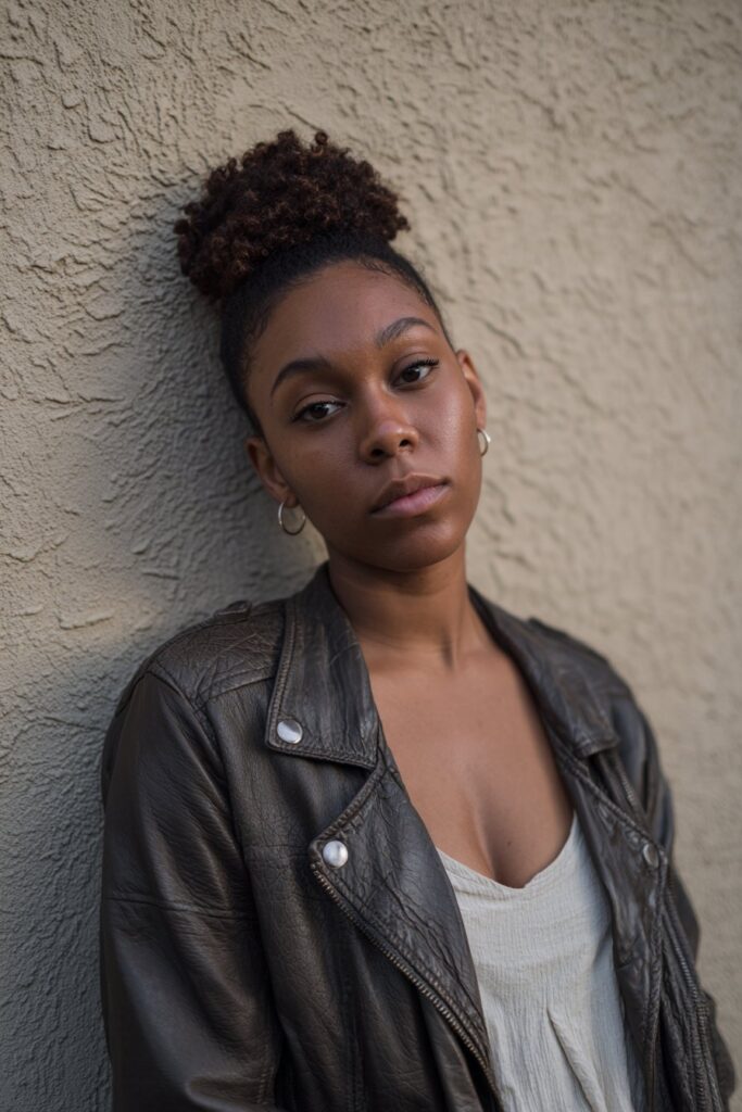 Edgy Black woman with sponge twist top, faded sides, leather jacket, expressive eyes, textured plaster wall background.