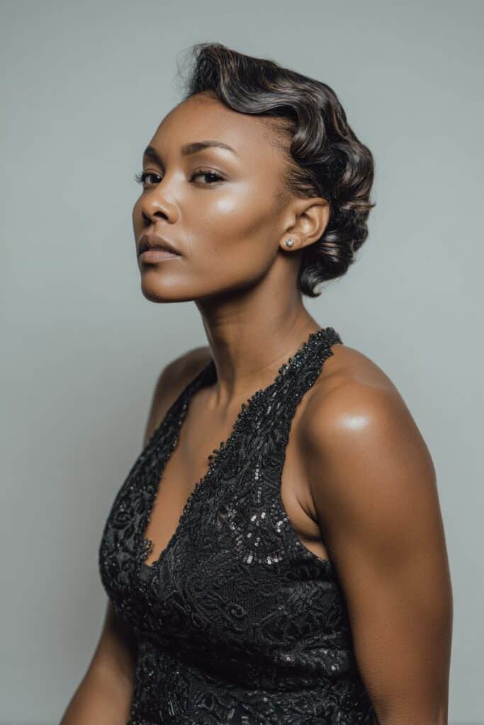 Elegant Black woman with short finger wave hairstyle, sculpted vintage waves, glamorous makeup, timeless look, white backdrop.