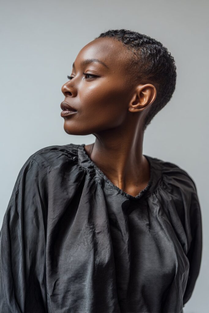 Sleek Black woman with gelled-down cropped cut, defined waves and edges, glossy finish, elegant outfit, gray fabric backdrop.