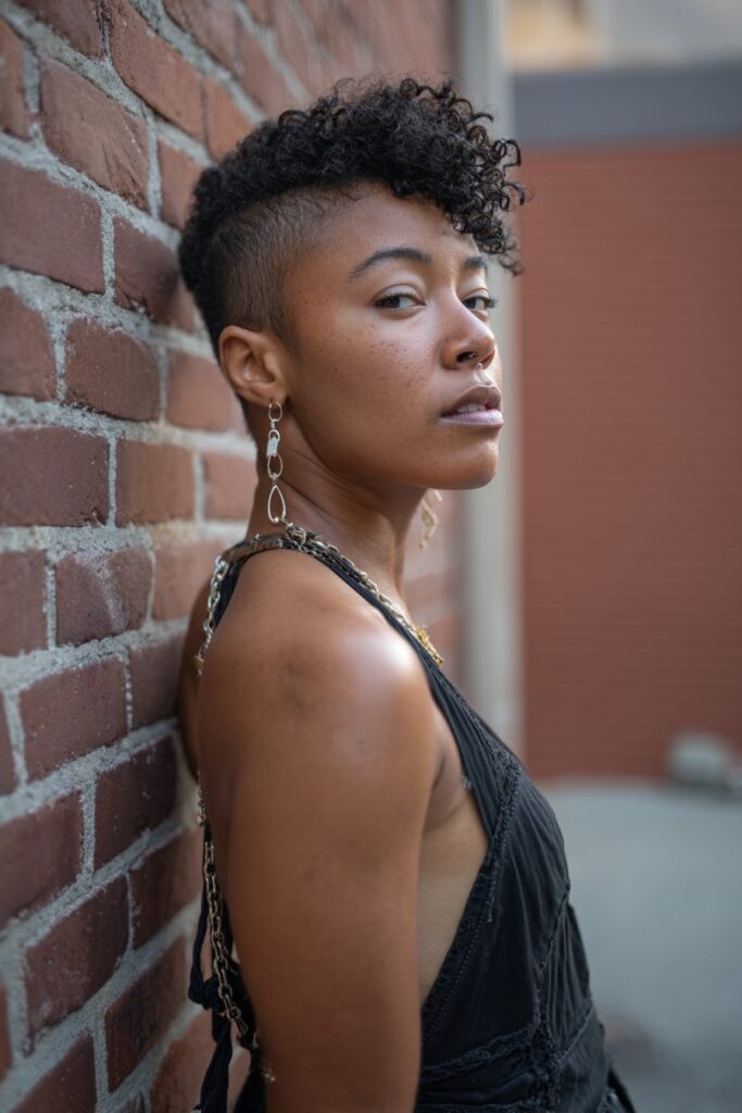 Fierce Black woman with mohawk fade, tapered sides, defined center curls, confident pose, edgy fashion, urban brick background.