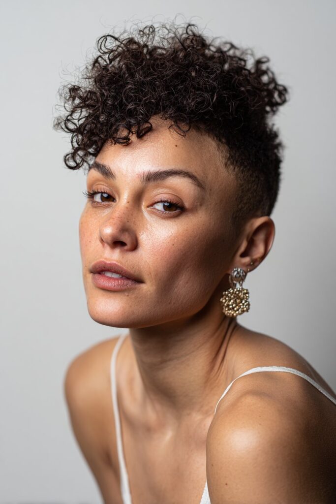 Black woman with curly undercut, voluminous top curls, clean buzzed sides, natural makeup, statement earrings, white backdrop.