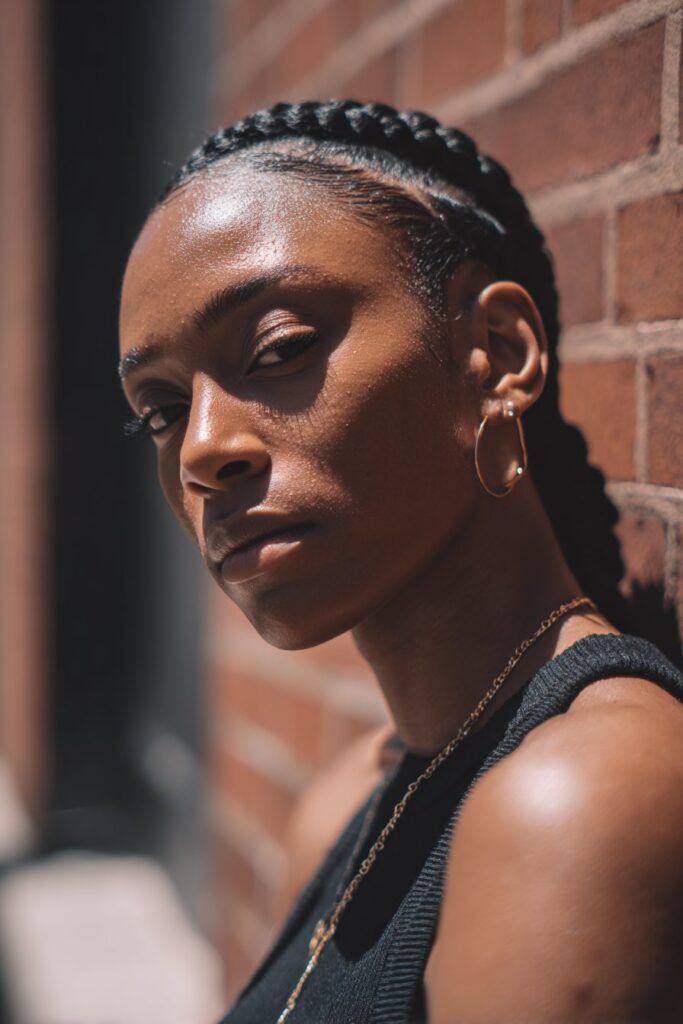Stylish Black woman with low fade and clean side part, sleek finish, defined brows, trendy outfit, brick wall.