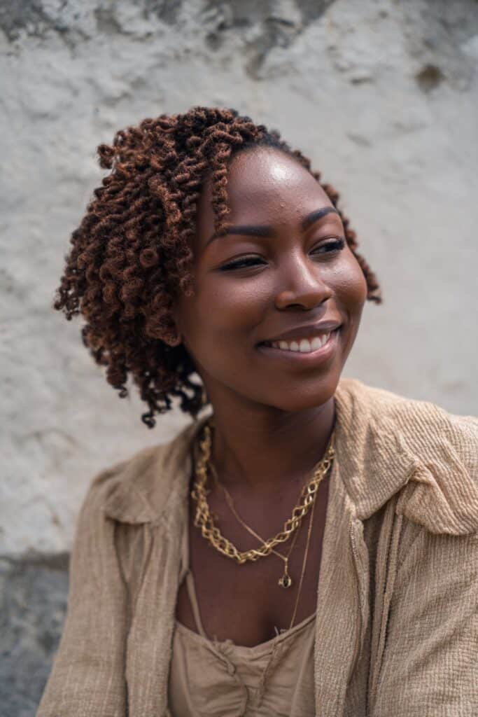 Smiling Black woman with short crochet curl bob, gold necklace, light brown outfit, textured backdrop.