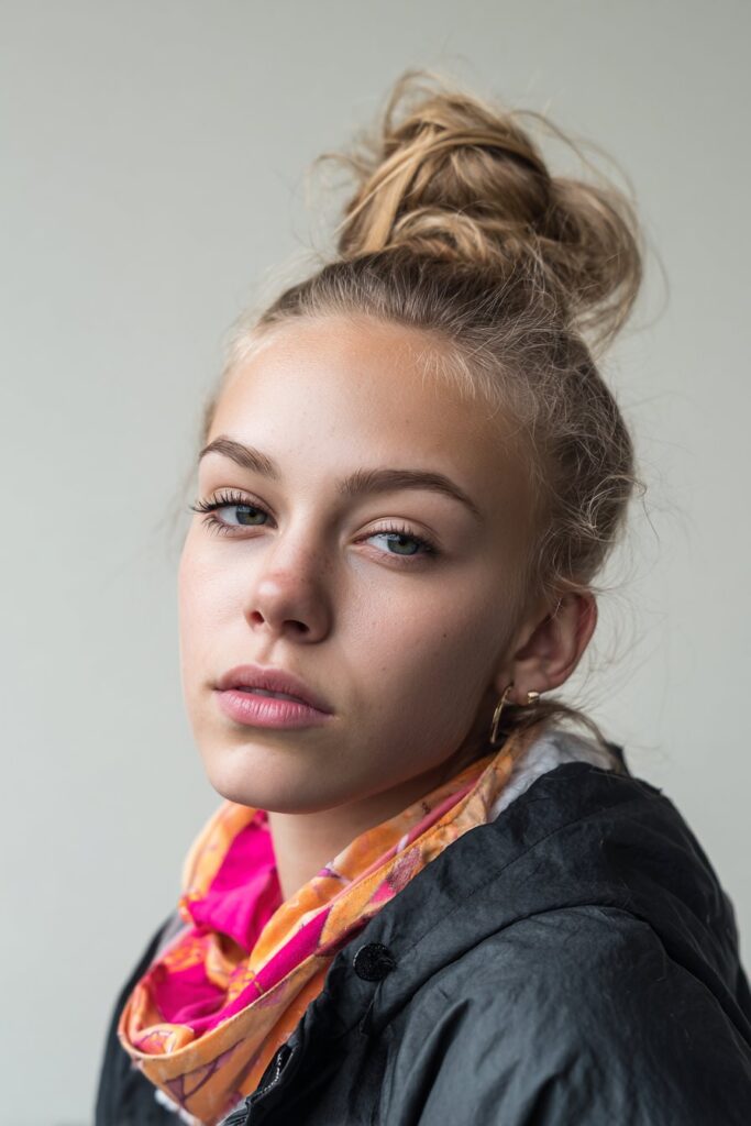 American woman with high top knot, bright scarf accent, bold eyeliner, vibrant concert outfit on white.