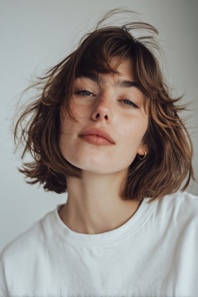American woman with tousled bob shag hairstyle and parted bangs, carefree expression, casual trendy outfit on white backdrop.