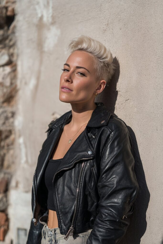 American woman with tousled pixie cut featuring temple fade, textured layers, confident expression, casual styling against natural backdrop.