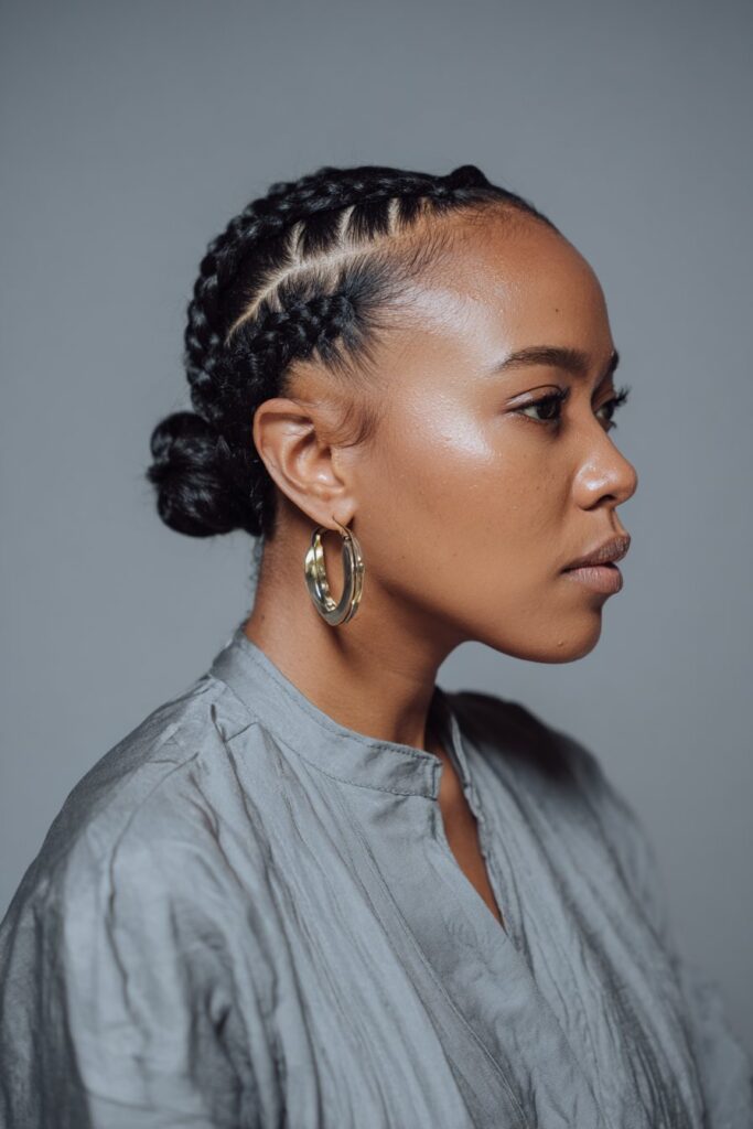 American woman with tribal braids featuring criss-cross scalp design, sleek edges, modern earrings against soft gray fabric backdrop.