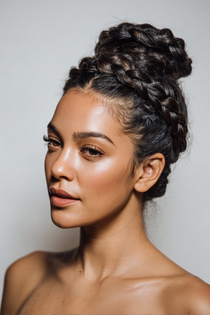 American woman with tribal braids styled in crown design around head, elegant expression, bold lashes, warm tones.