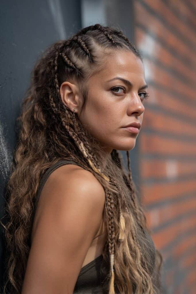 American woman with detailed tribal braids and single forehead braid, medium brown hair tone, artistic pose, brick wall.