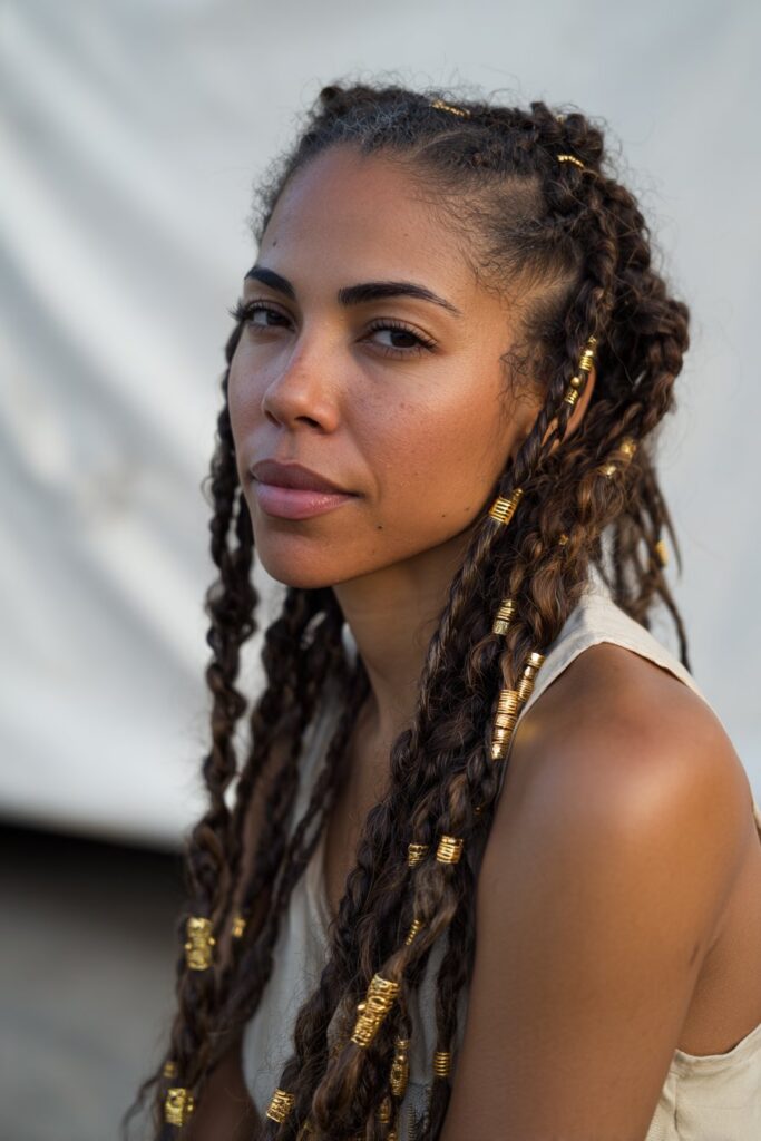 American woman with tribal braids adorned with small gold cuffs, natural hair texture, smooth edges, golden hour lighting.