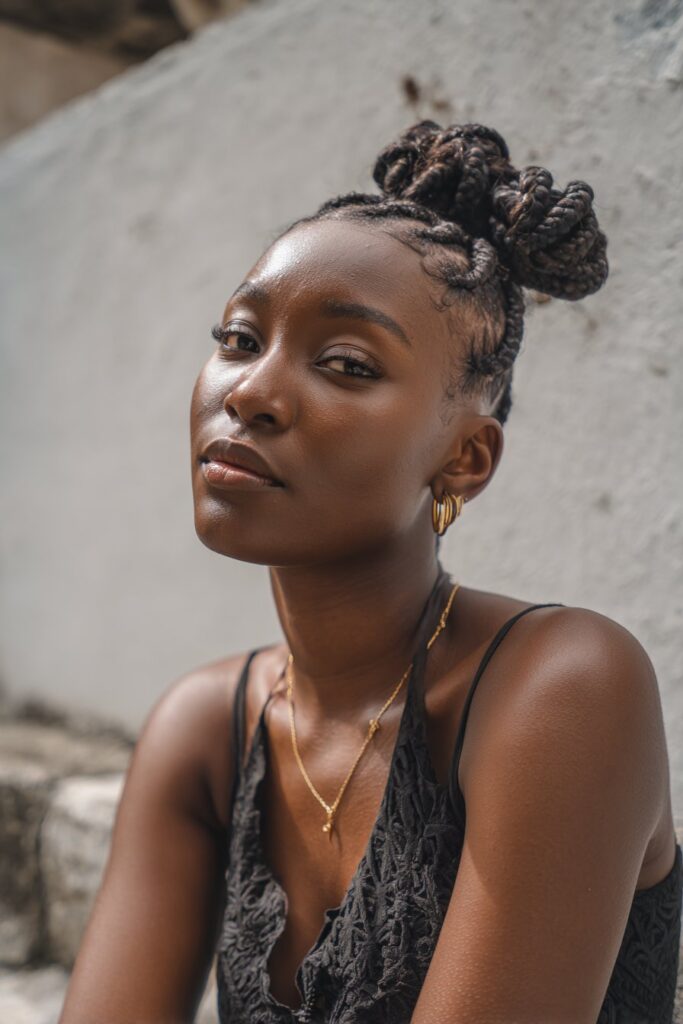 American woman wearing intricate tribal micro cornrows with high precision, minimalist jewelry, soft glam makeup, textured plaster backdrop.
